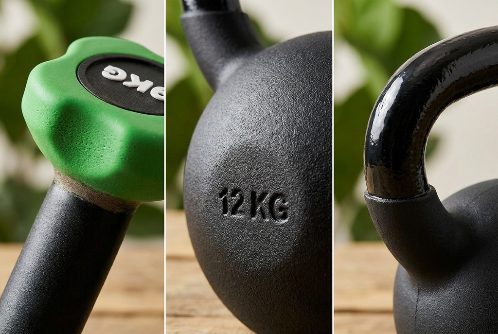 Nærbillede af en grøn håndvægt og en sort 12 kg kettlebell på et træbord med grønne planter i baggrunden.