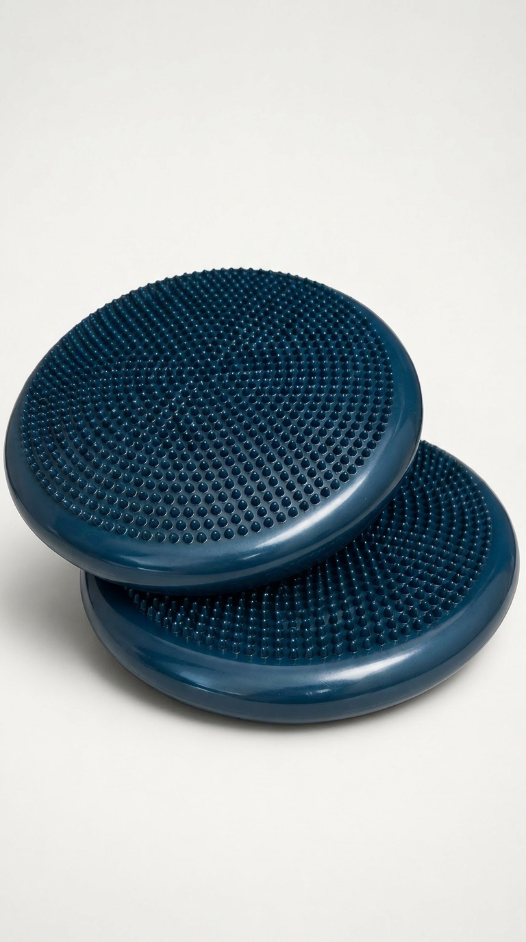 To mørkeblå balancepuder med nubret overflade på en hvid baggrund.