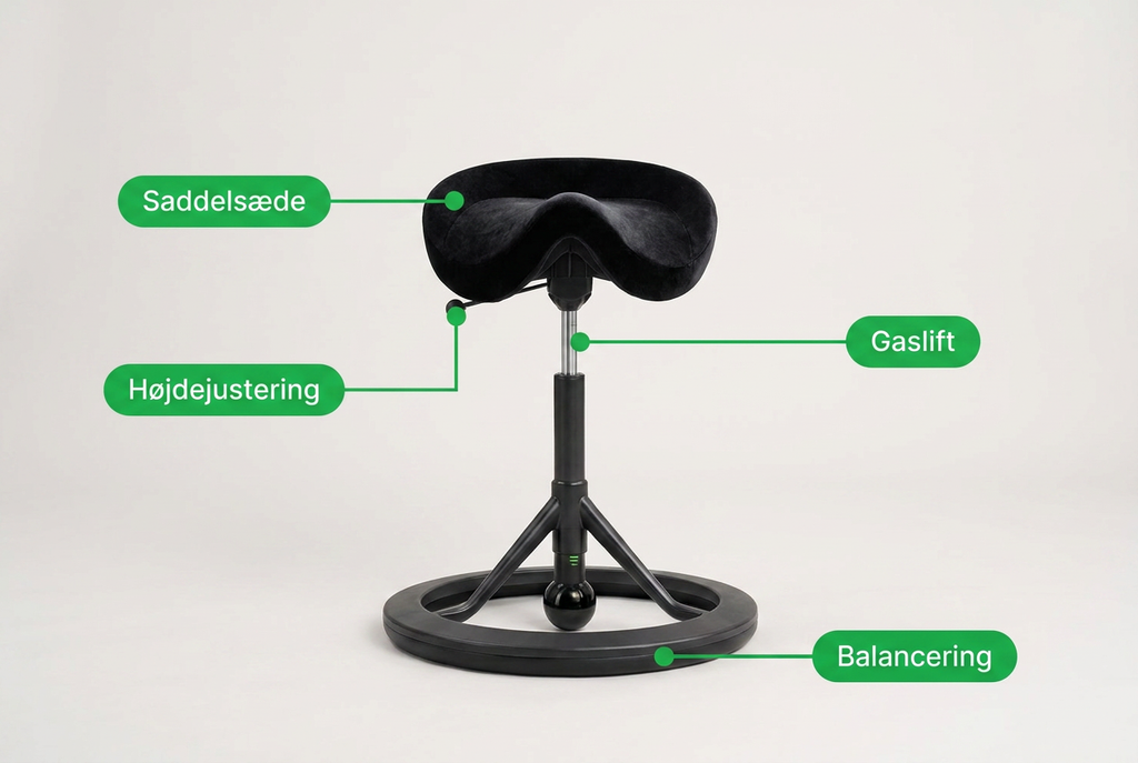 Ergonomisk sort saddelstol med labels, der viser højdejustering, gaslift og balancerende fod.