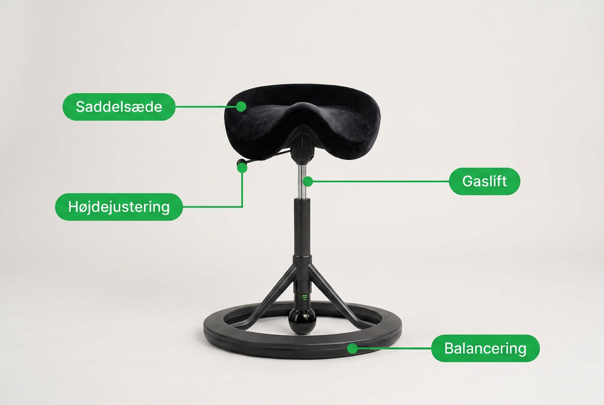 Ergonomisk sort saddelstol med labels, der viser højdejustering, gaslift og balancerende fod.