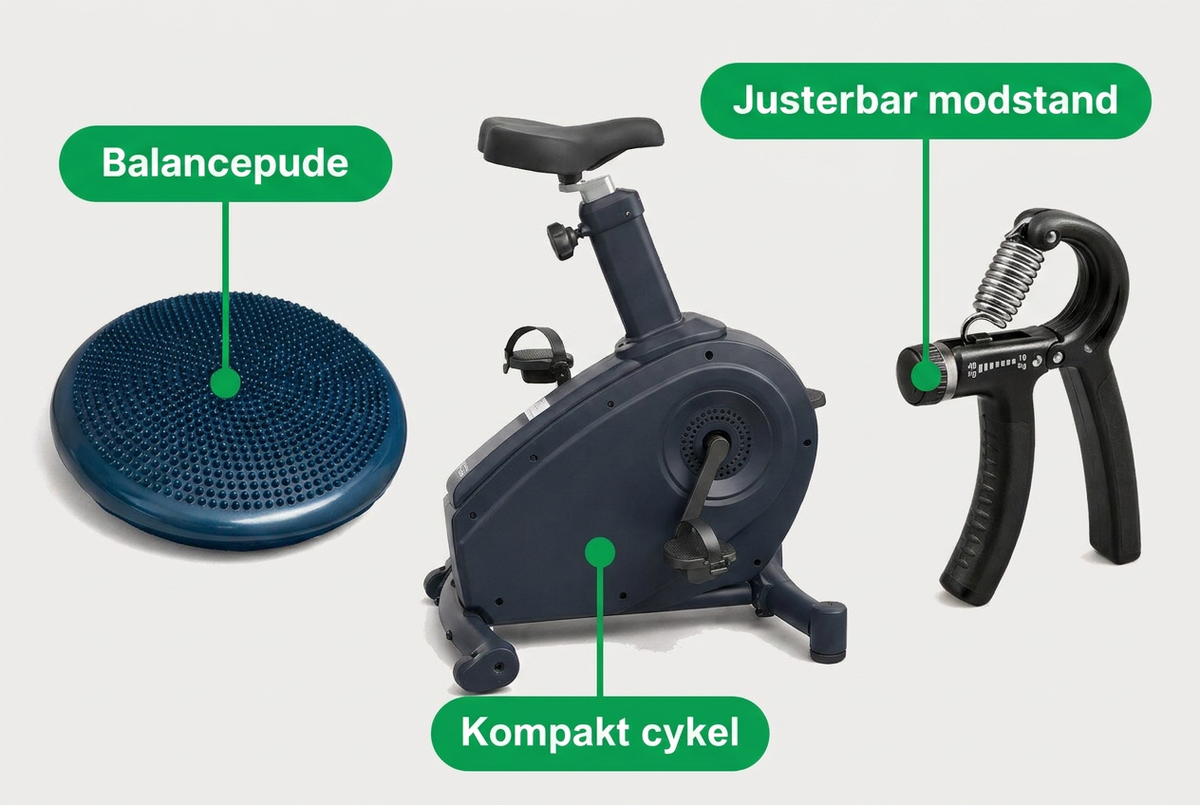 Træningsudstyr bestående af en balancepude, kompakt cykel og håndtræner med justerbar modstand.