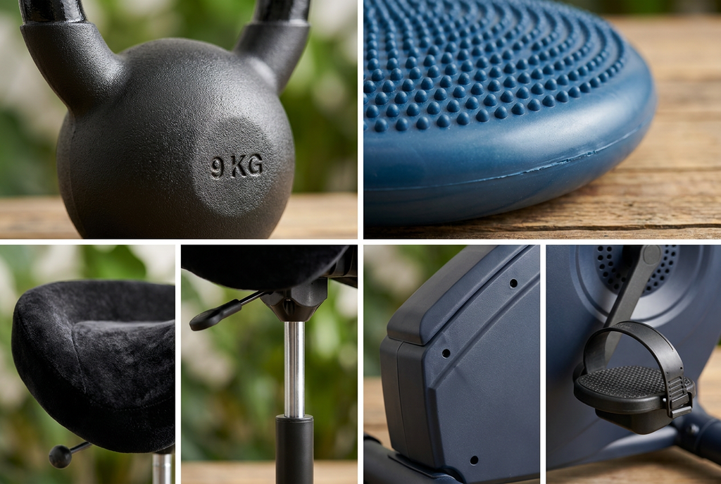Collage af hjemmetræningsudstyr med en 9 kg kettlebell, en blå balancepude, en sort sadelstol og en motionscykel.
