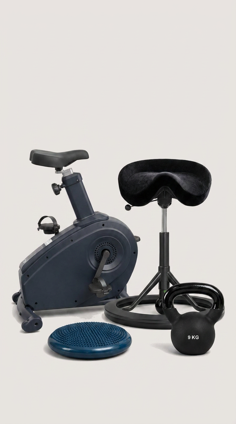 Motionscykel, sadelstol, 9 kg kettlebell og en blå balancepude på en neutral baggrund.
