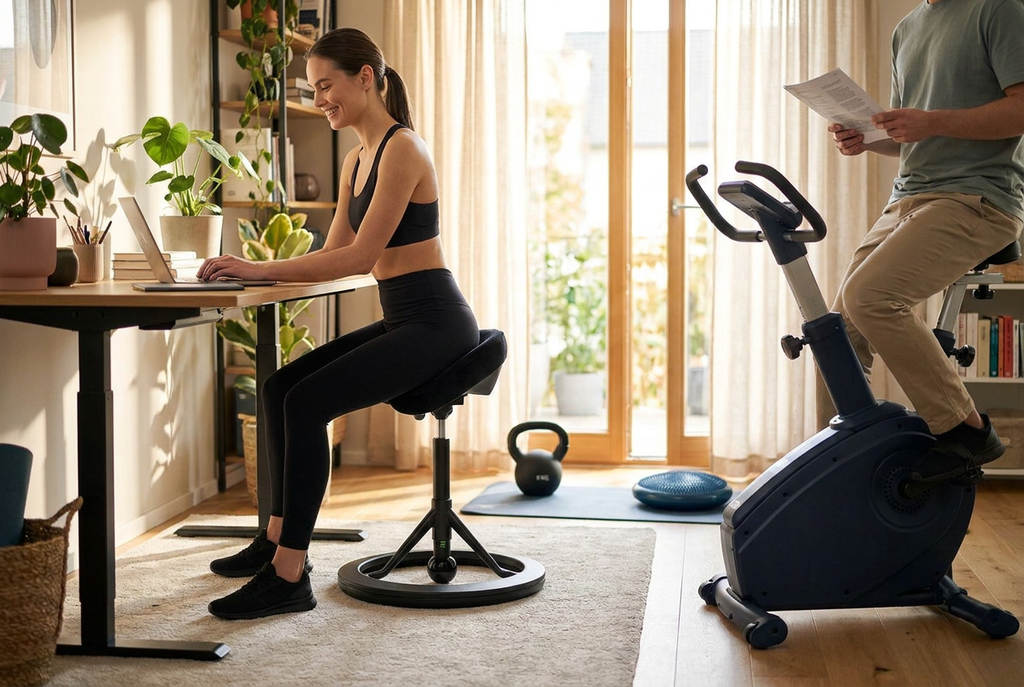 Kvinde arbejder ved et skrivebord på en ergonomisk stol, mens en mand bruger en motionscykel i et lyst hjemmekontor.