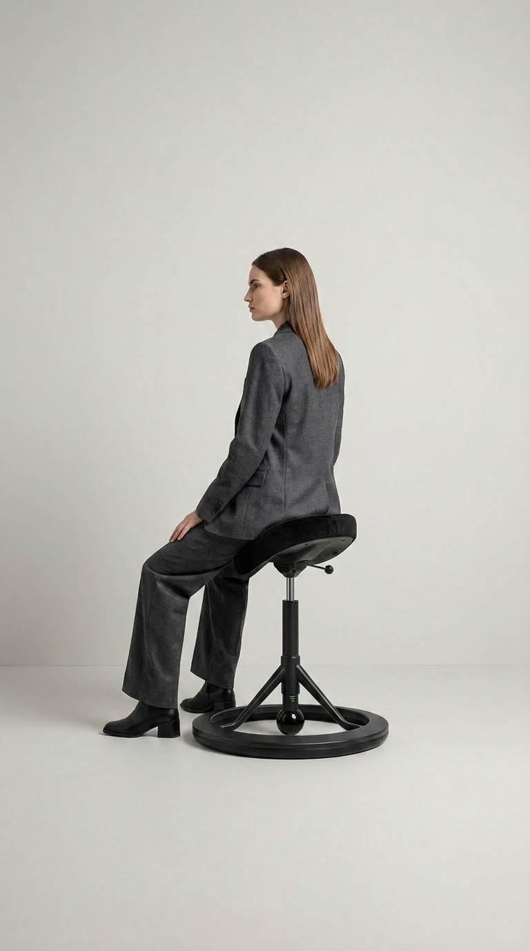 En kvinde i gråt jakkesæt sidder på en ergonomisk sadelstol med rund base mod en lys baggrund.