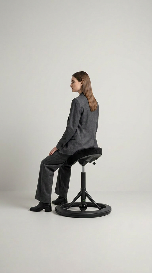 En kvinde i gråt jakkesæt sidder på en ergonomisk sadelstol med rund base mod en lys baggrund.