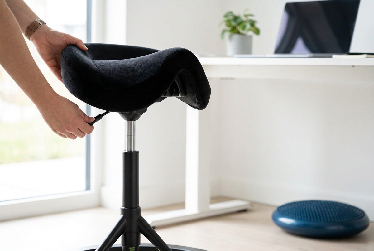 En person justerer højden på en sort ergonomisk sadelstol ved et hvidt skrivebord i et lyst kontormiljø.