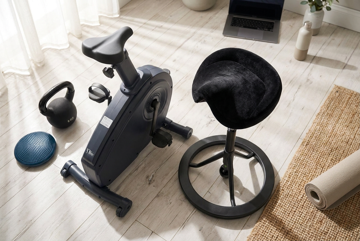 Motionscykel, ergonomisk taburet og træningsudstyr på et lyst trægulv i et solrigt lokale.