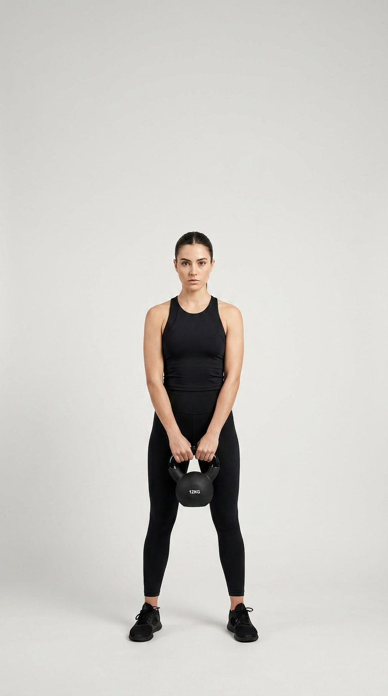 Kvinde i sort træningstøj holder en 12 kg kettlebell foran en lys baggrund.