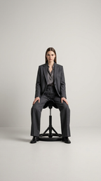 En kvinde i et koksgråt jakkesæt sidder på en ergonomisk sadelstol mod en lys baggrund.