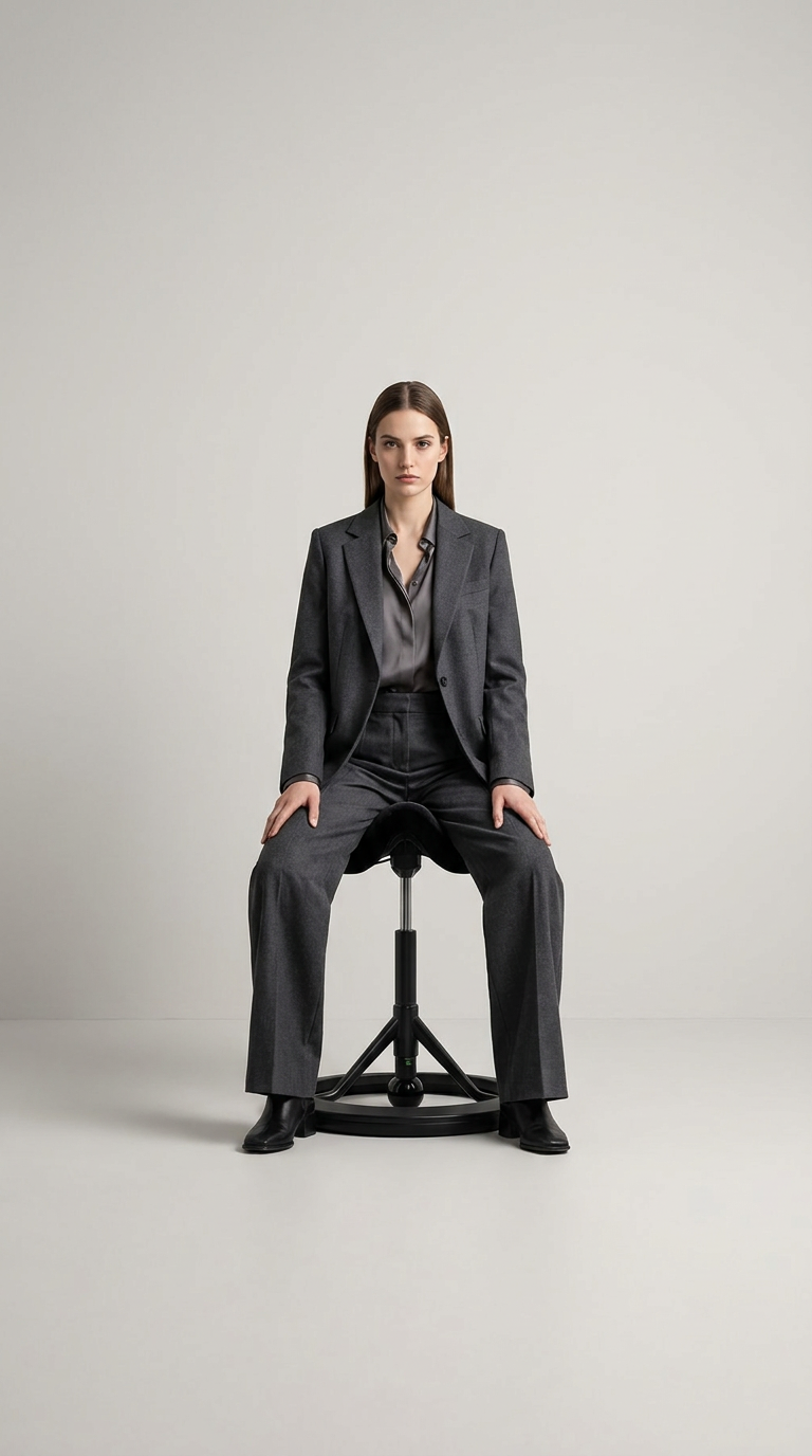 En kvinde i et koksgråt jakkesæt sidder på en ergonomisk sadelstol mod en lys baggrund.